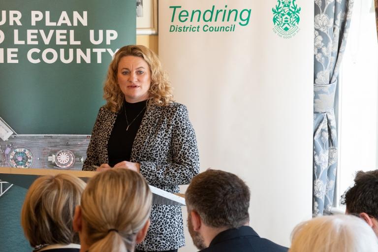 Cllr Louise McKinlay, Essex County Council Deputy Leader and Cabinet Member for Community, Equality, Partnerships and Performance, speaks to the crowd at the Levelling Up launch in Clacton.
